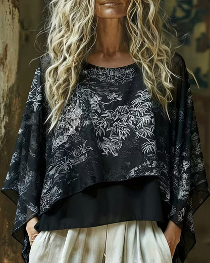 Botanical Print Batwing-Sleeve Blouse