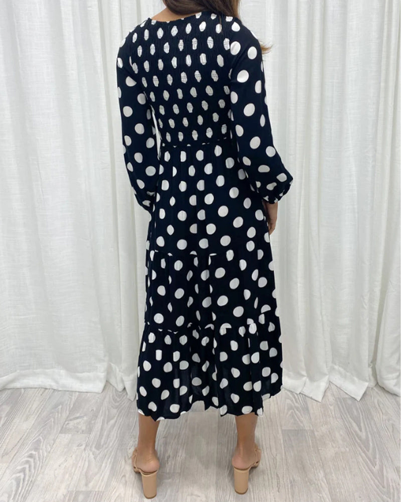 Polka dot print v-neck long sleeve elegant dress