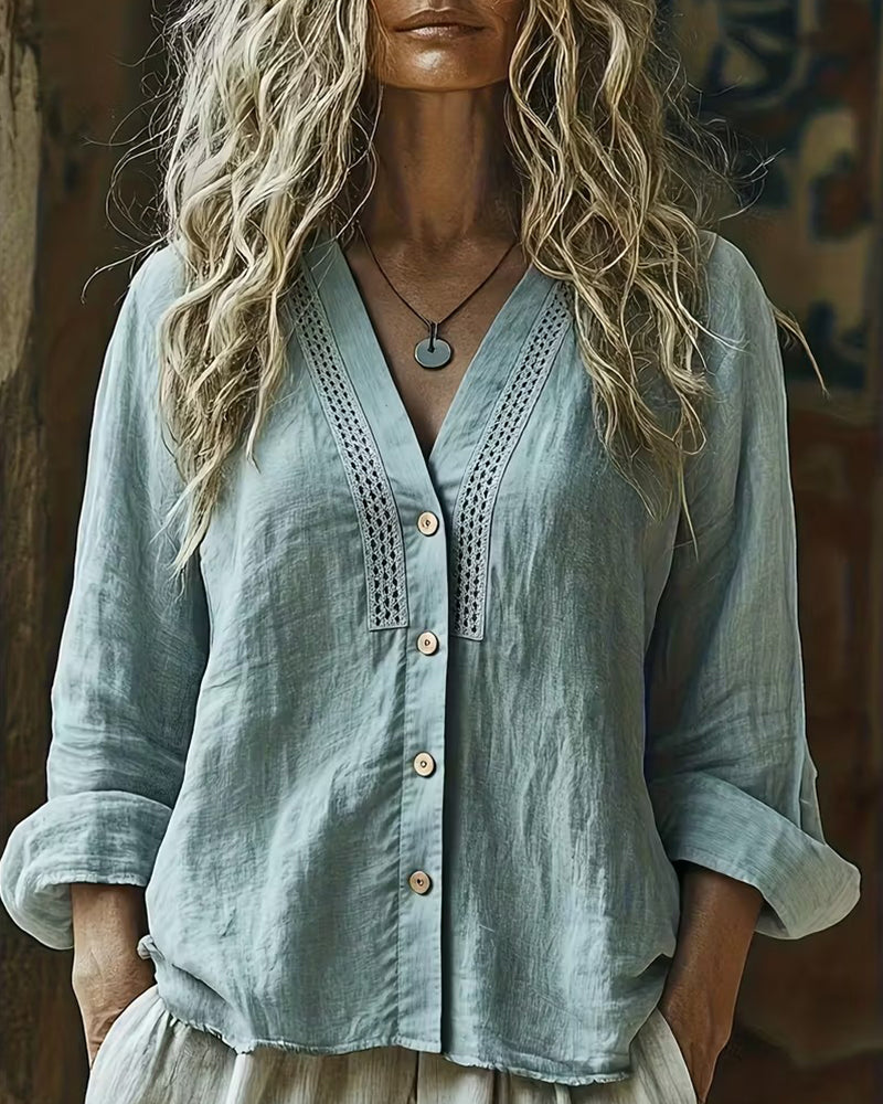 V-Neck Lace Paneled Linen Shirt