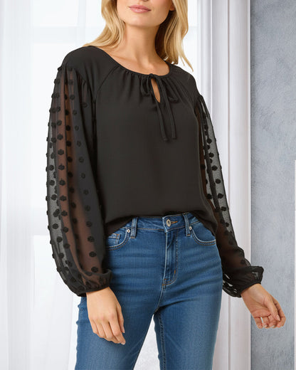 Jacquard Sleeve Tie Blouse