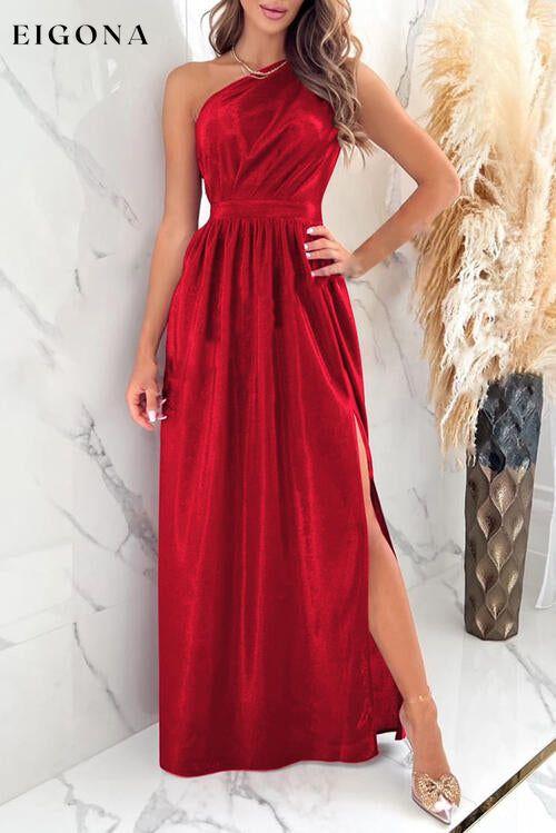 One Shoulder Elegant Slit Ruched Evening Maxi Dress Red clothes dress dresses evening dress evening dresses formal dress maxi dress maxi dresses Ship From Overseas SYNZ