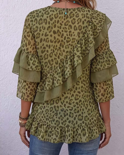V-Neck Ruffle Leopard Blouse