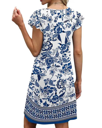 V Neck Ruffle Flutter Sleeve Floral Dress