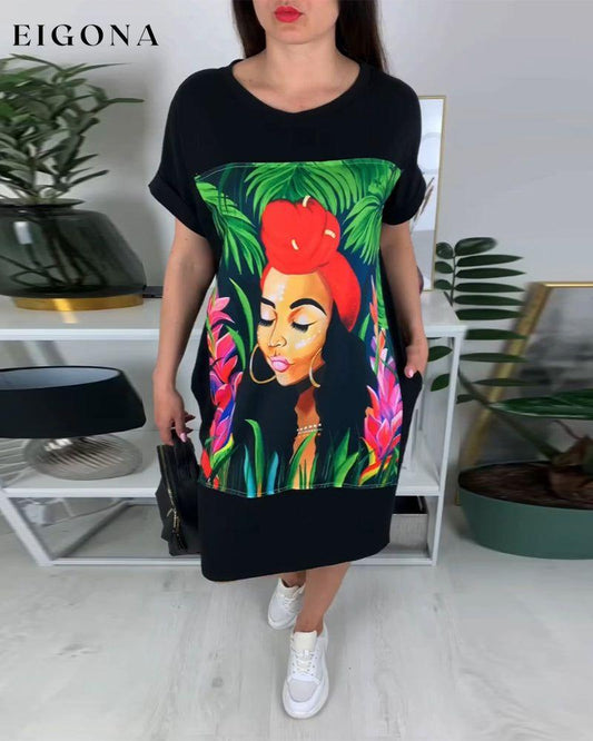 Portrait Printed Round Neck Dress casual dresses spring summer