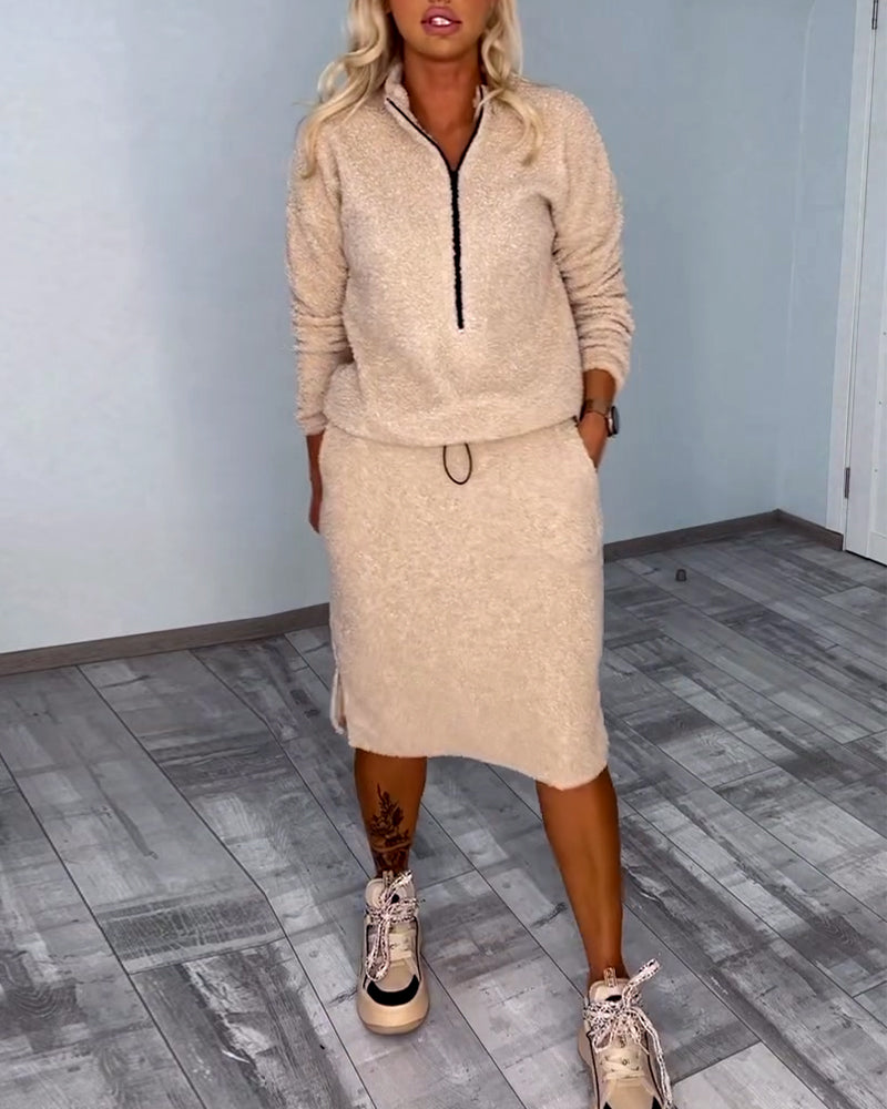 Stand Collar Teddy Cashmere Skirt Sets