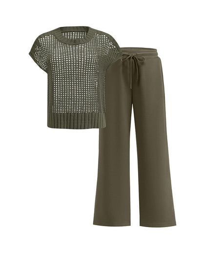 Crew Neck Short Sleeve Hollow-Out Pullover Set