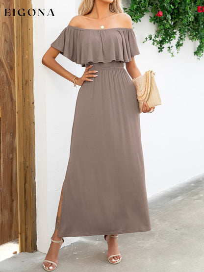 Off-Shoulder Slit Maxi Dress Camel casual dress casual dresses clothes dress dresses maxi dress Putica Ship From Overseas Shipping Delay 09/29/2023 - 10/04/2023