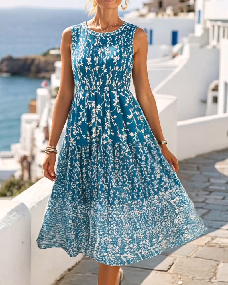 Sleeveless Floral Waist-Cinching A-Line Dress casual dresses spring summer