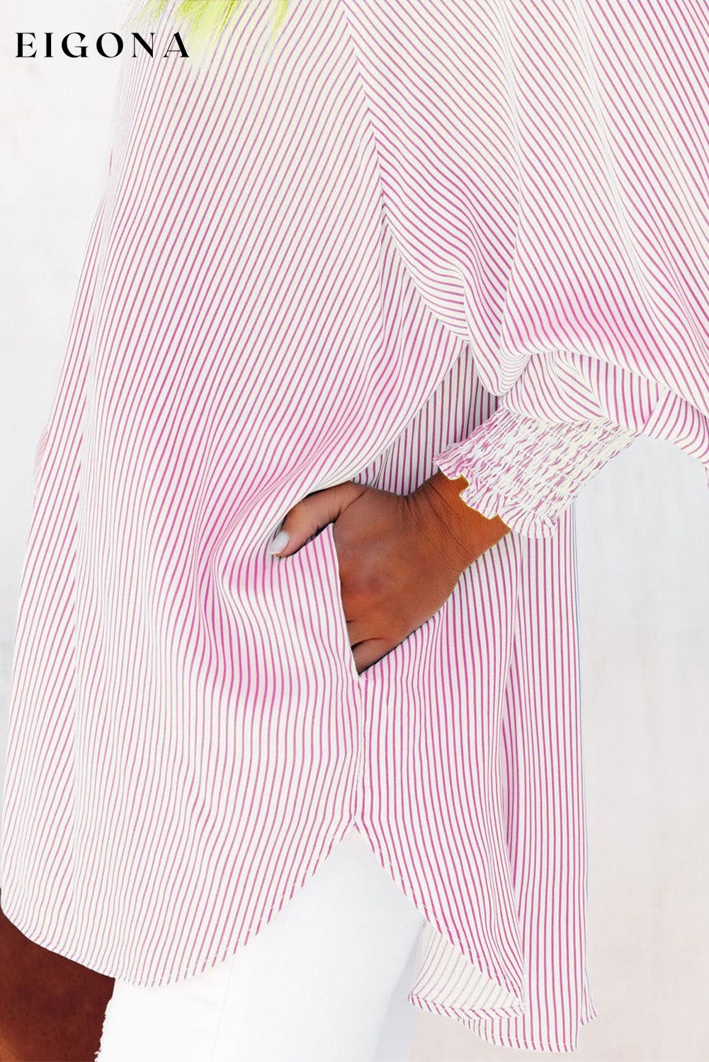 Pink Smocked Cuffed Striped Boyfriend Shirt with Pocket All In Stock button down womens clothes Color Pink Craft Smocked DL Exclusive Early Fall Collection long sleeve shirts long sleeve top Occasion Daily Print Stripe Season Spring Stripe tops Style Modern tops