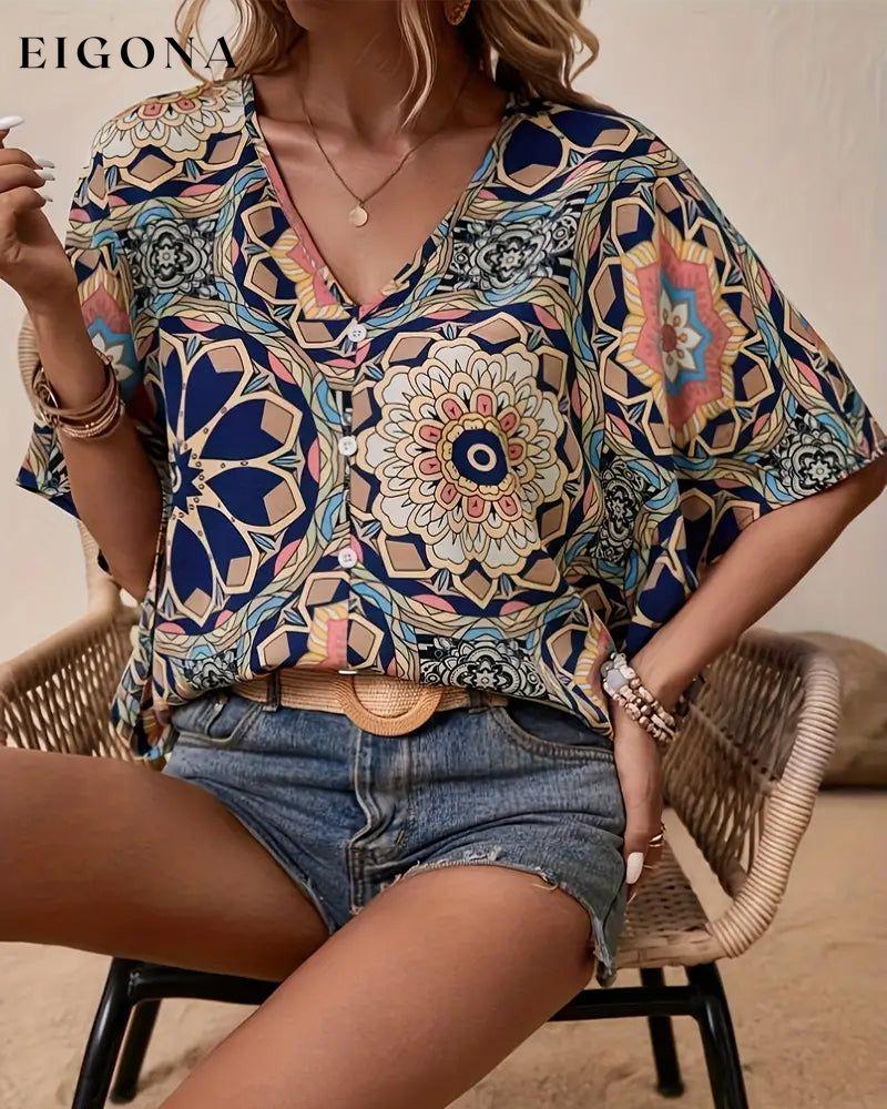 Retro printed V-neck button half sleeve blouse blouses & shirts spring summer