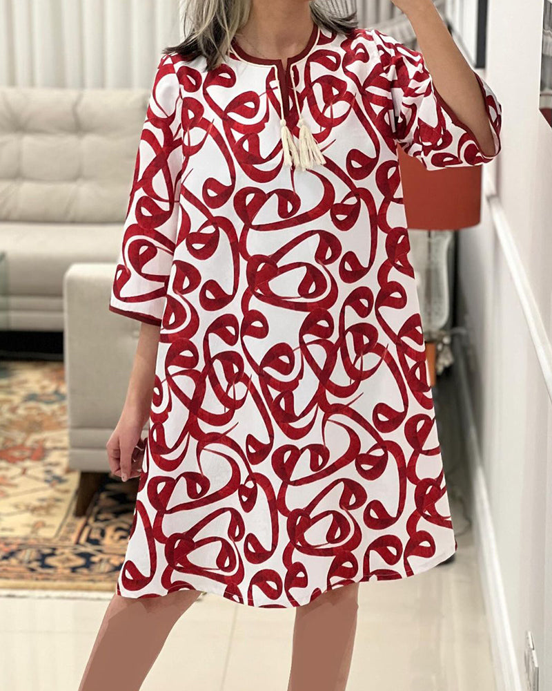 Printed fringed three-quarter sleeve loose dress casual dresses spring summer