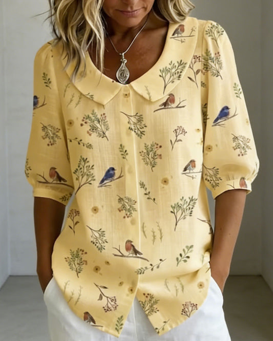 Bird Pattern Peter Pan Collar Shirt blouses & shirts spring summer