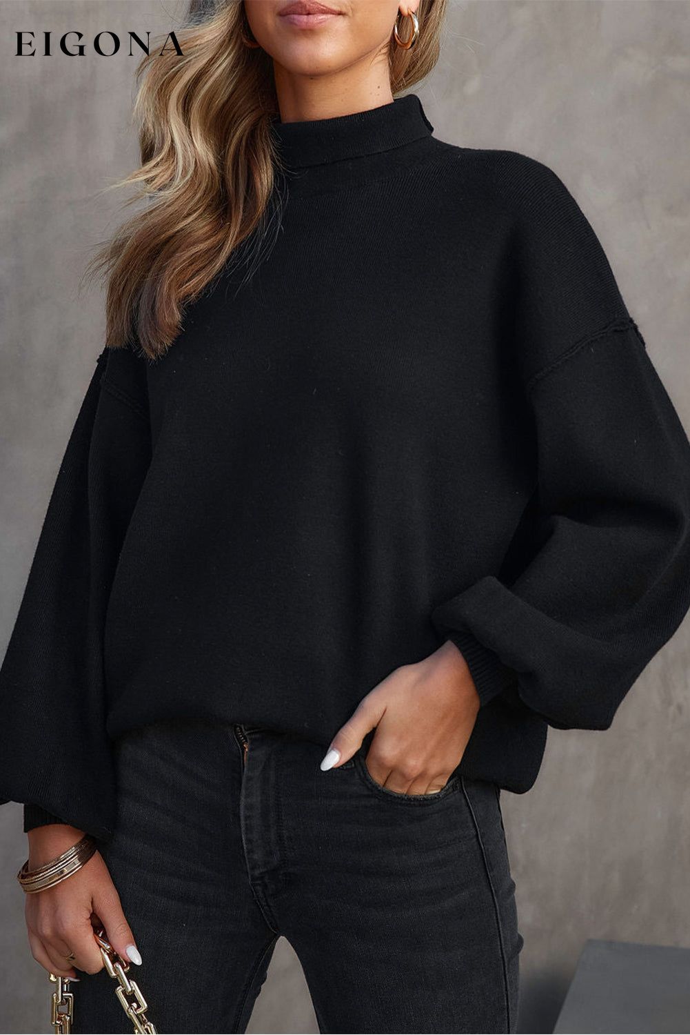 Black Turtleneck Drop Shoulder Bubble Sleeve Knit Sweater Black 50%Viscose+28%Polyester+22%Polyamide All In Stock black sweaters clothes long sleeve dresses long sleeve shirts long sleeve top Occasion Daily Print Solid Color Season Winter Style Elegant