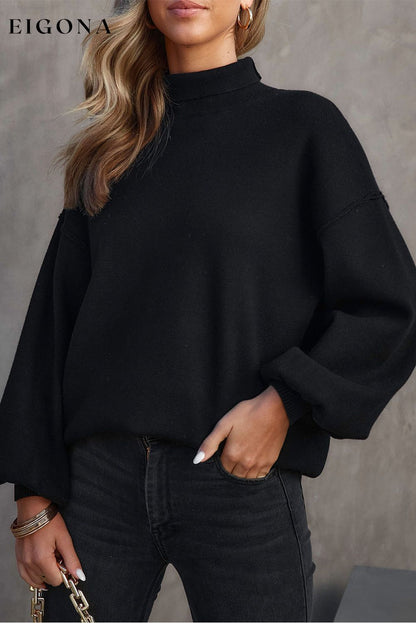 Black Turtleneck Drop Shoulder Bubble Sleeve Knit Sweater Black 50%Viscose+28%Polyester+22%Polyamide All In Stock black sweaters clothes long sleeve dresses long sleeve shirts long sleeve top Occasion Daily Print Solid Color Season Winter Style Elegant