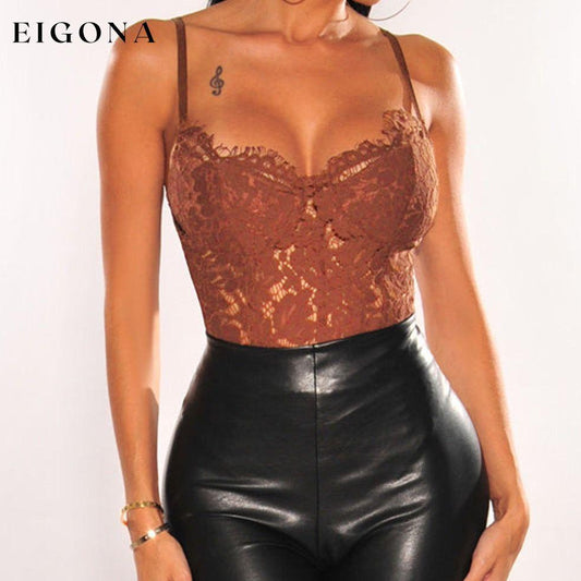 Lace Spaghetti Straps Cutout Bodysuit Brown bodysuit bodysuits clothes Ship From Overseas shirt shirts SYNZ top tops