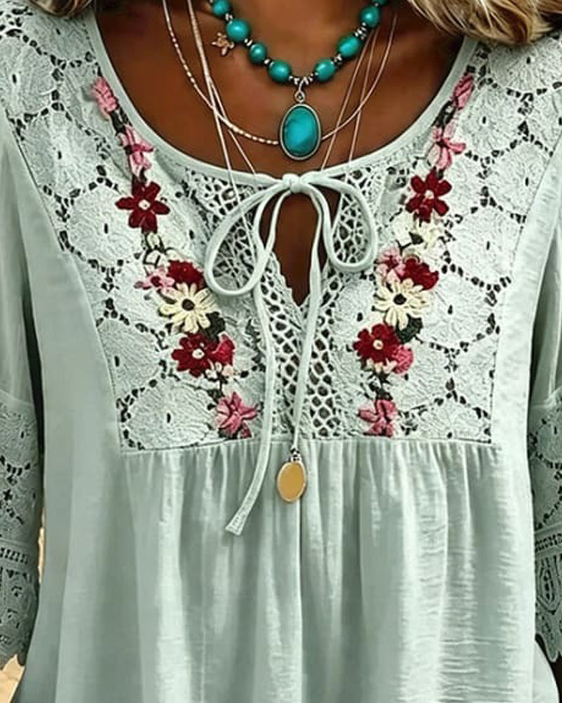Tie Lace Panel Casual Blouse