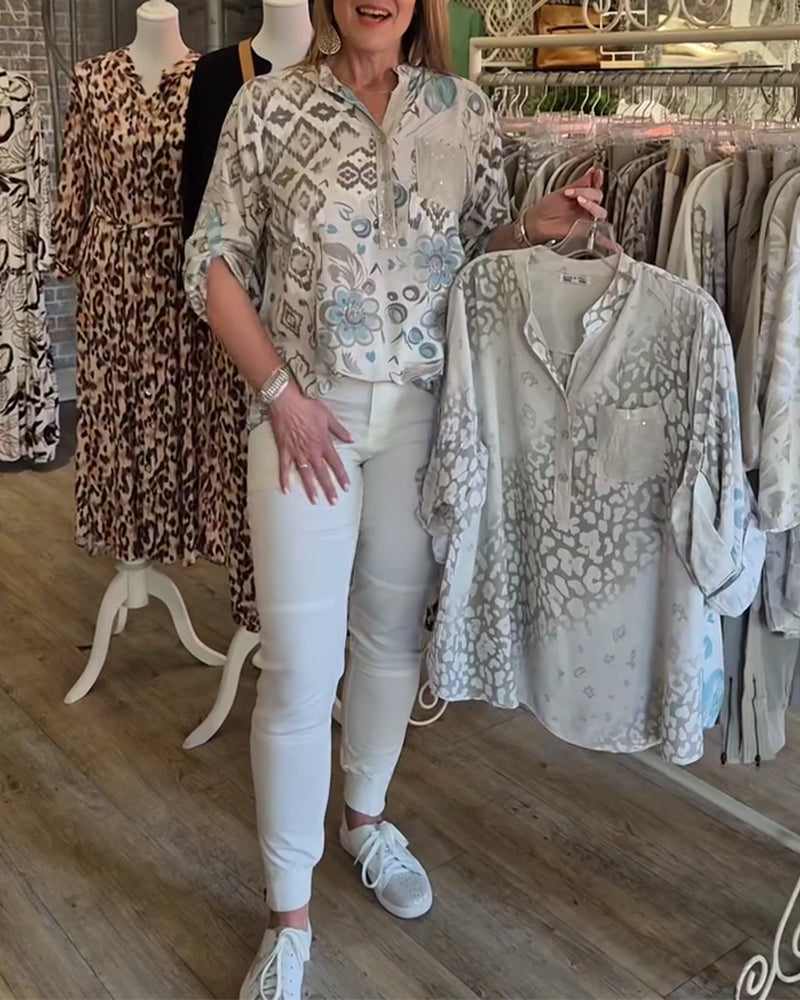 Button-Down V-Neck Printed Long-Sleeved Shirt