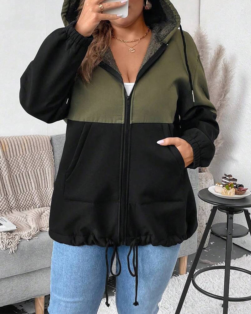 Fleece Lined Color Block Zip-Up Coat