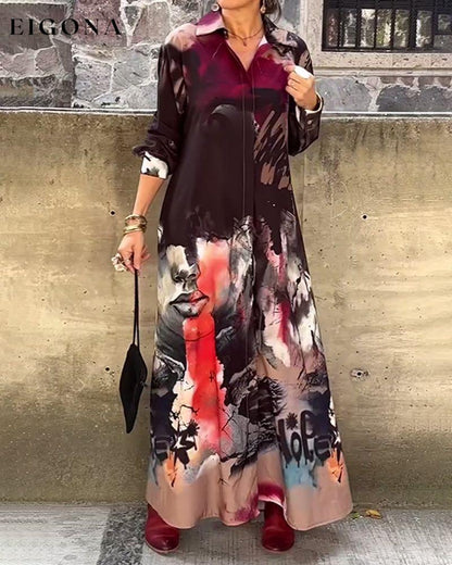 Graffiti print lapel casual long dress casual dresses spring summer