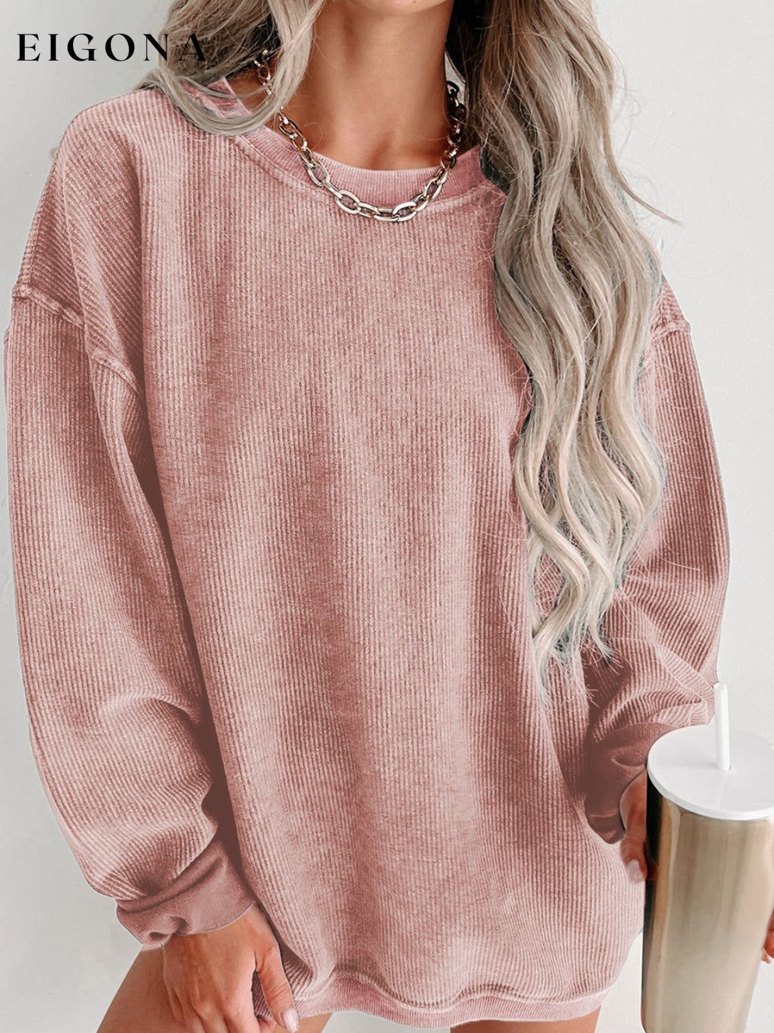 Round Neck Dropped Shoulder Washed Out Casual Sweatshirt Dusty Pink 2XL clothes Ship From Overseas sweater sweaters SYNZ