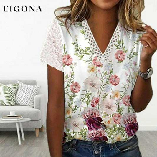Floral Print Lace Patchwork T-Shirt Pink best Best Sellings clothes Plus Size Sale tops Topseller