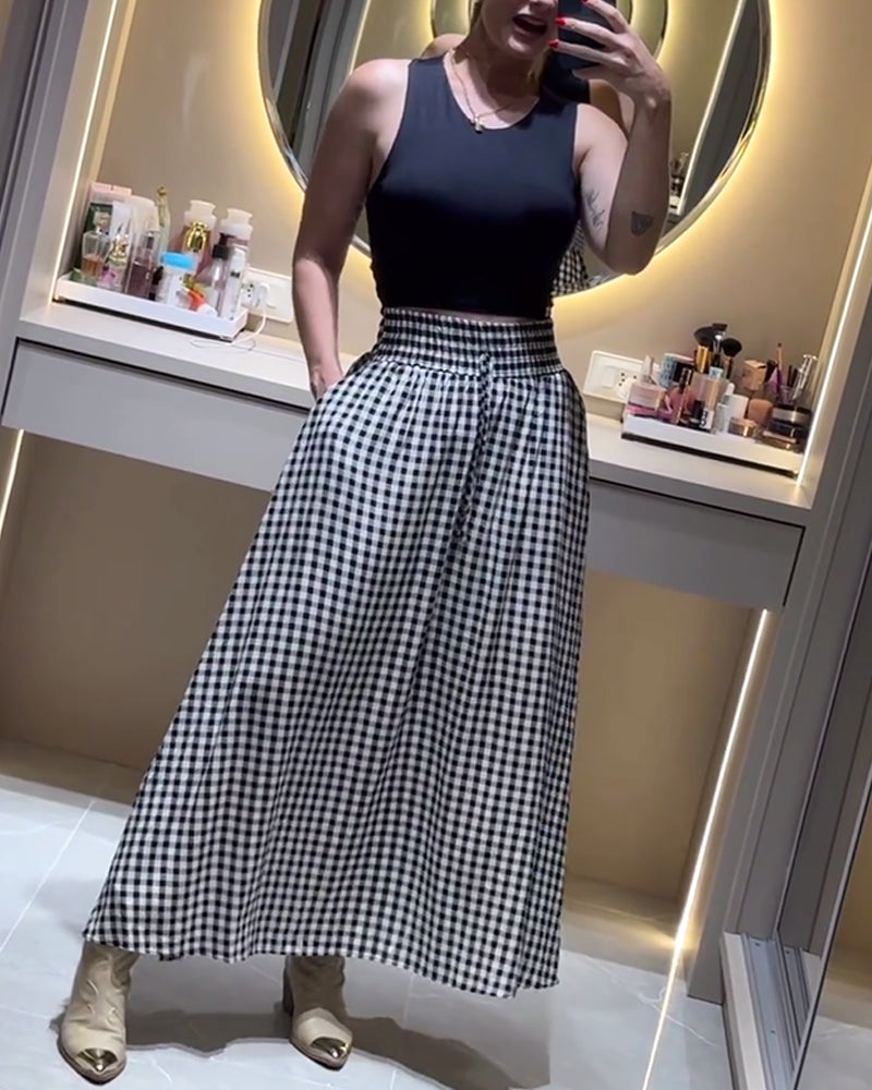 High waist plaid slit skirt casual dresses spring summer