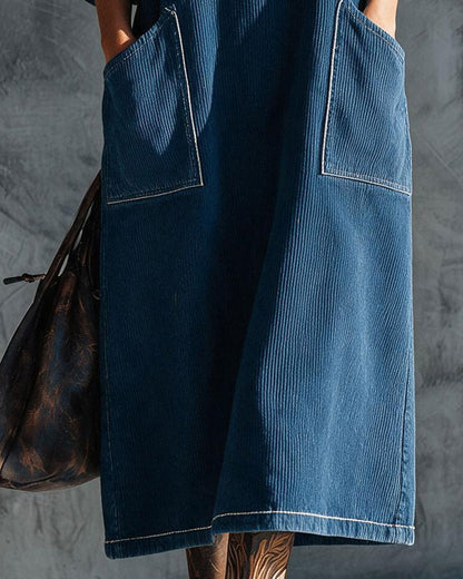 Corduroy Button Front Elbow-Length Puff Sleeve Loose Dress 2024 f/w casual dresses spring