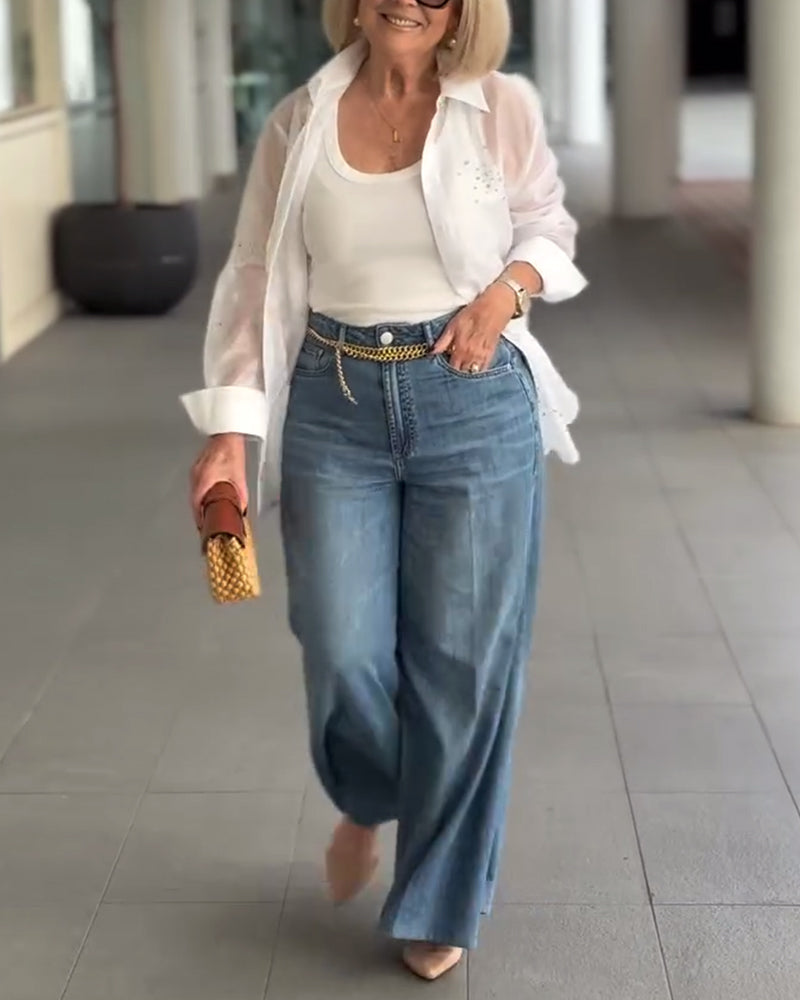 Camicia con risvolto alla moda in tinta unita