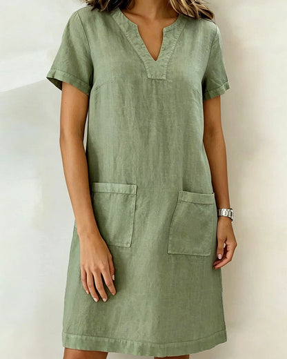 Small V-Neck Pocket Shift Dress