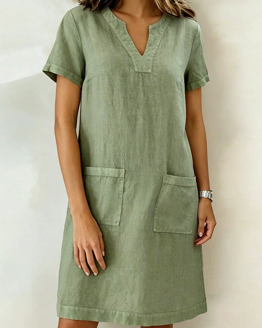 Small V-Neck Pocket Shift Dress