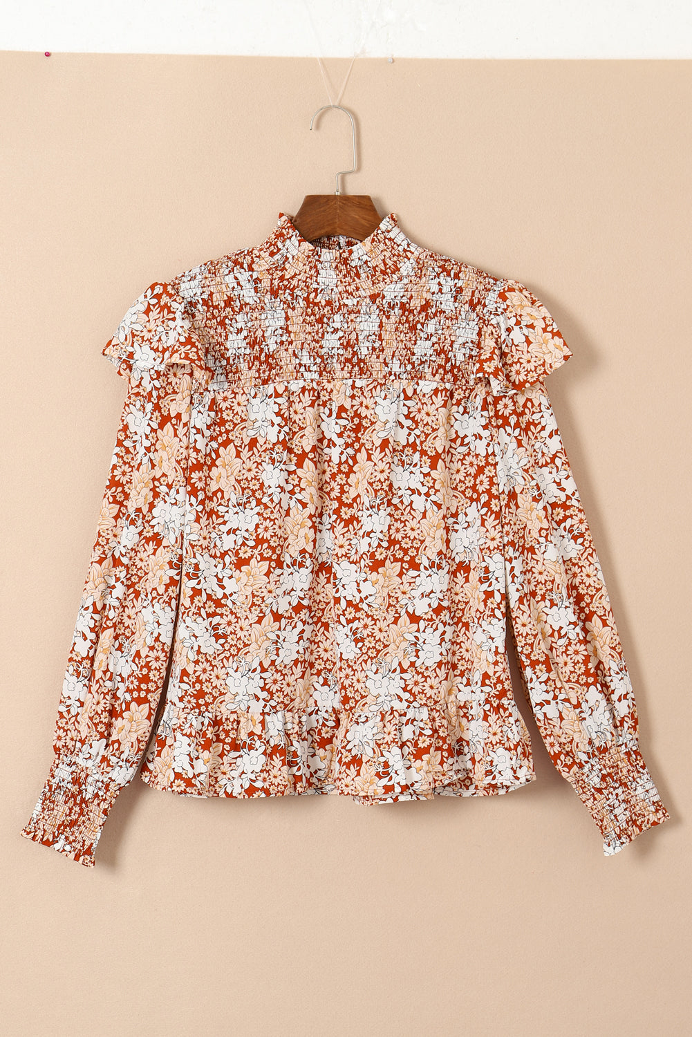 Gold Flame Floral Smocked Sleeve High Neck Ruffled Blouse