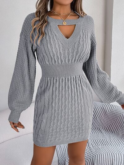 Cable-Knit Cutout Round Neck Slit Long Sleeve Sweater Dress Charcoal B.J.S clothes dress dresses long sleeve dress long sleeve dresses Ship From Overseas short dresses