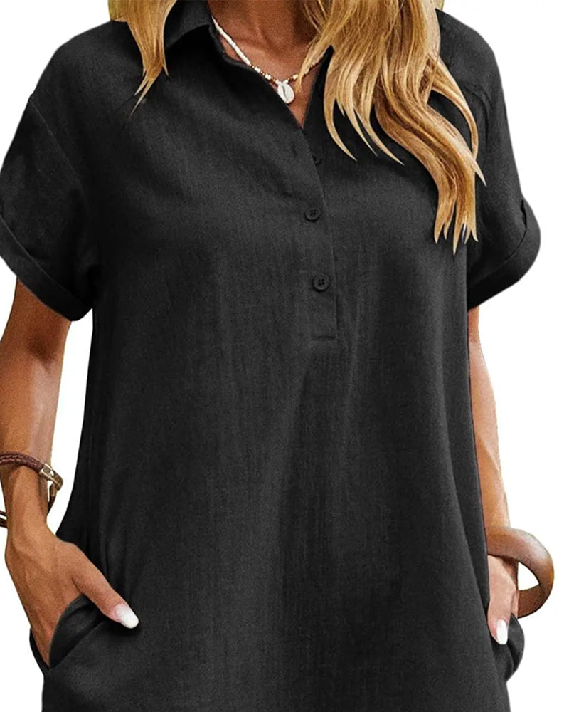 Lapel Button Split Short Sleeve Casual Dress casual dresses spring summer