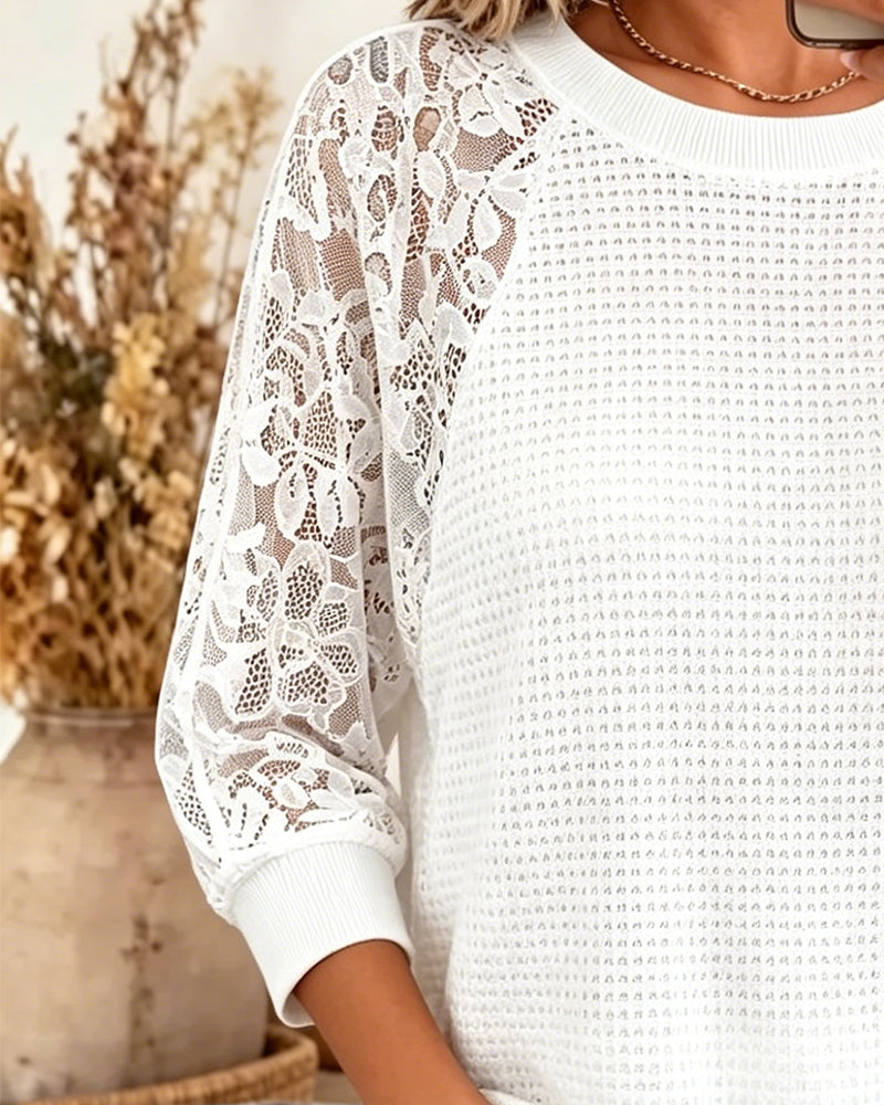 Three-Quarter Sleeve Lace Panel Blouse