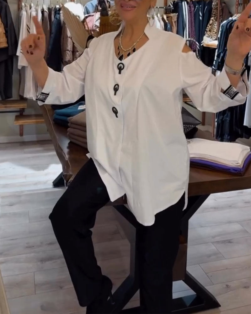 Camicetta a maniche lunghe con contrasto e spalle scoperte