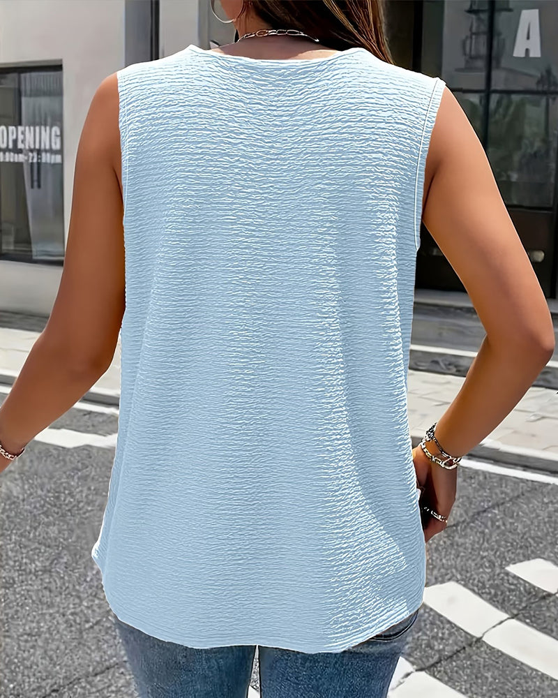 Seersucker Sleeveless Lapel Button Tank Top