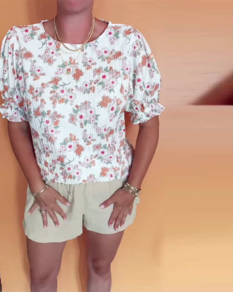 Round Neck Floral Short Sleeve Blouse