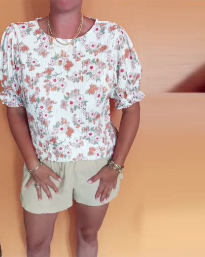Round Neck Floral Short Sleeve Blouse