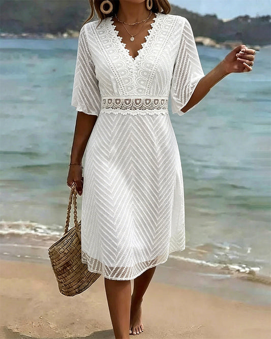 V-Neck Lace Patchwork Cutout Dress