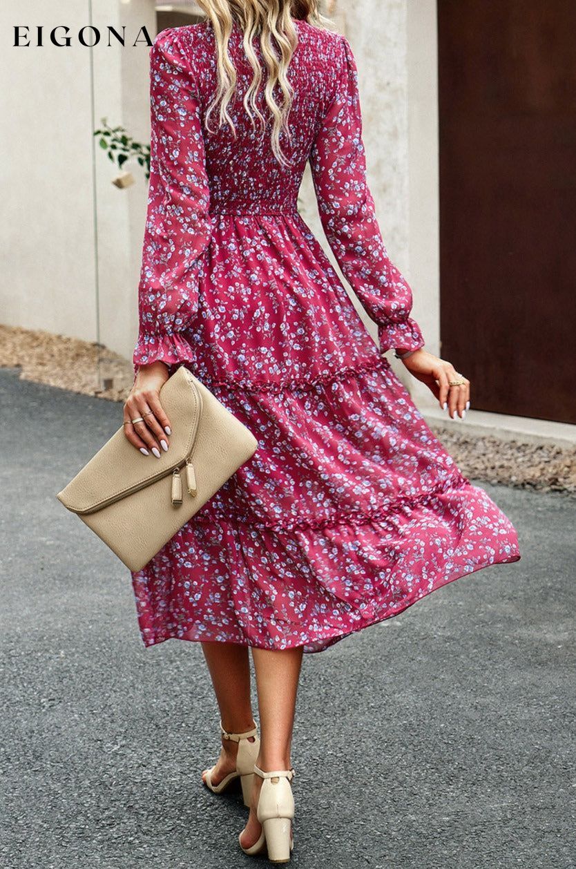 Smocked Flounce Sleeve Midi Dress clothes DY Ship From Overseas trendsi