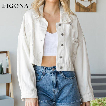 Cropped Collared Neck Dropped Shoulder Denim Jacket White clothes DE.O.Z.X Ship From Overseas Shipping Delay 09/29/2023 - 10/06/2023 trend