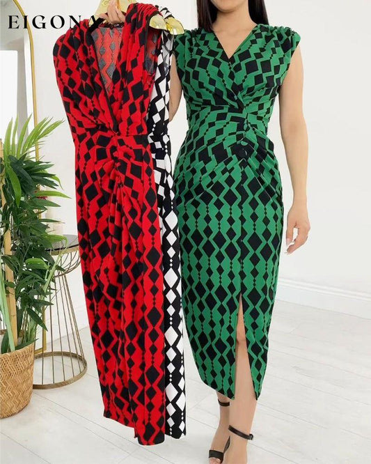 Geometric print sleeveless pleated elegant dress casual dresses Summer