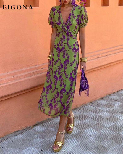 Elegant leaf print deep V puff sleeve A-line dress casual dresses spring summer vacation dresses
