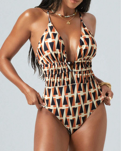 Sexy Cross Strap Printed Pleated One-Piece Swimsuit