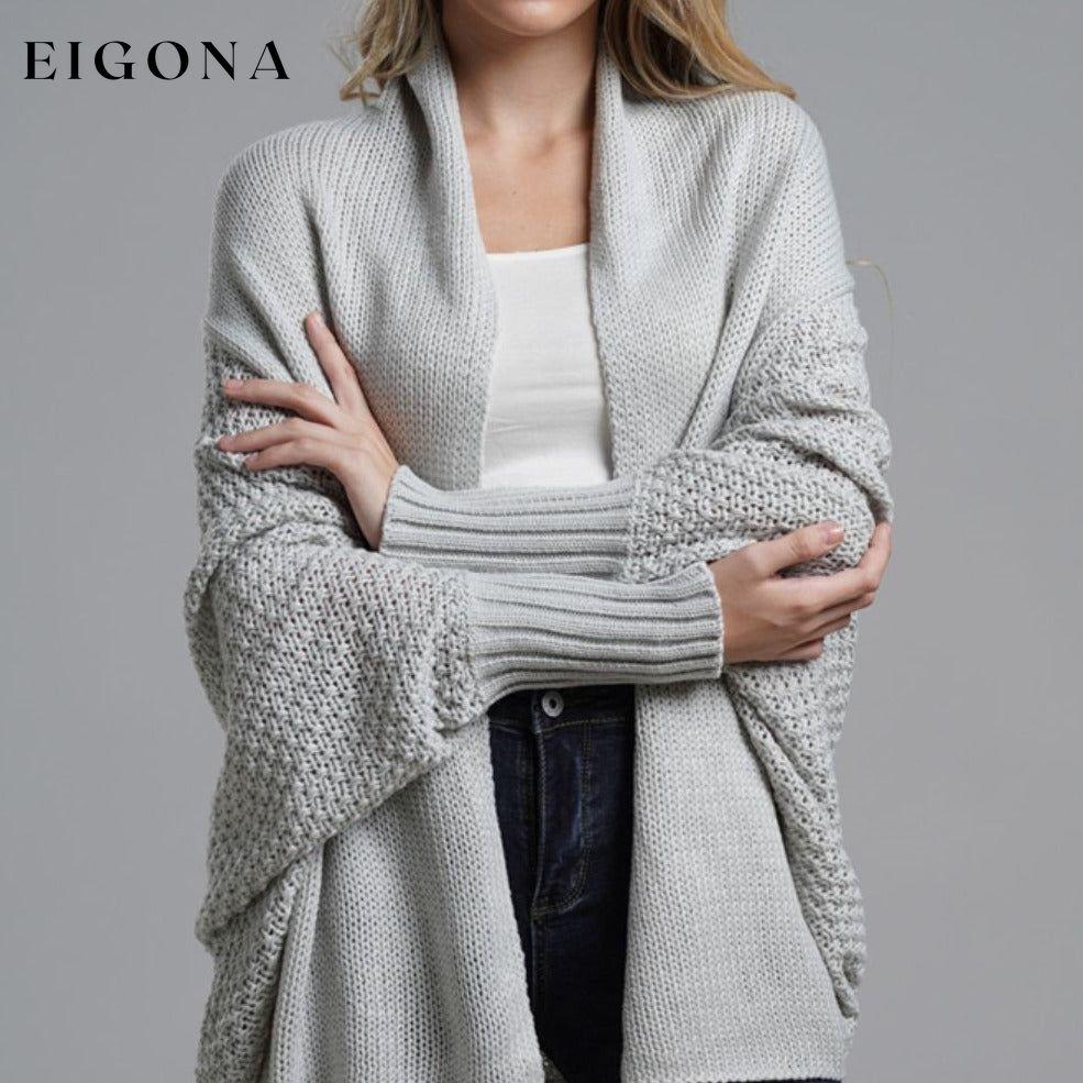 Double Take Sleeve Open Front Ribbed Trim Longline Cardigan Gray One Size cardigan cardigans clothes Double Take Ship From Overseas sweaters