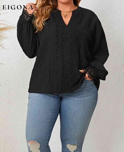 Plus Size Notched Neck Lace Detail Blouse black shirt black top clothes HS long sleeve shirt long sleeve shirts long sleeve top Ship From Overseas shirt shirts top tops