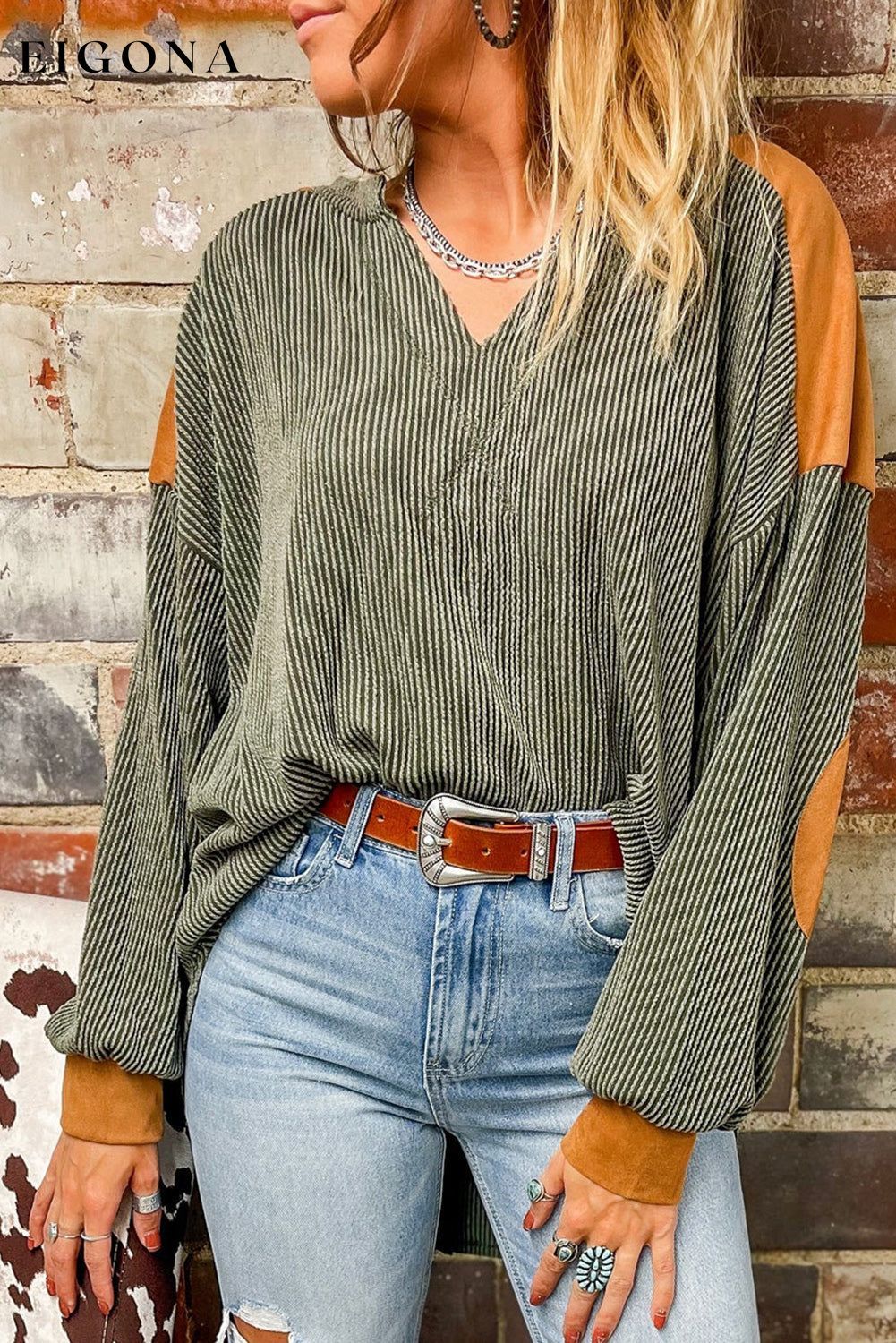 Laurel Green Contrast Patchwork V Neck Corded Top clothes Color Green Fabric Ribbed long sleeve shirt long sleeve shirts Occasion Daily Print Color Block Season Winter shirt shirts short sleeve shirt Style Western