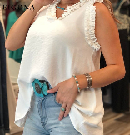 Beige Frilled Trim V Neck Tank Top All In Stock clothes Detail Ruffle Occasion Daily Print Solid Color Season Summer shirt shirts short sleeve Style Southern Belle tank top top tops trend