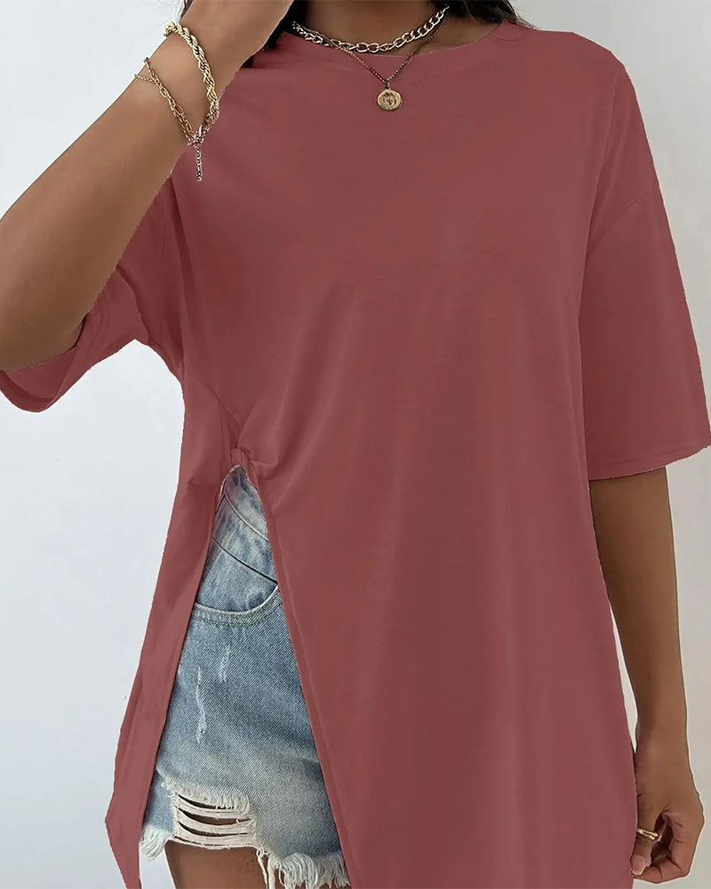 Round Neck Split Short Sleeve T-Shirt