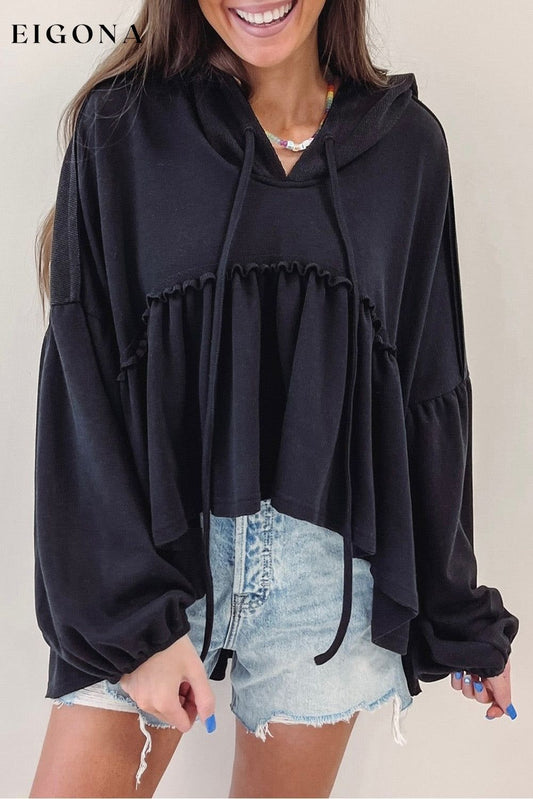 Black Oversized Ruffled High Low Hem Drop Shoulder Hoodie Black 63%Polyester+37%Cotton All In Stock clothes long sleeve top Occasion Daily Print Solid Color Season Spring Style Casual sweater sweaters top tops